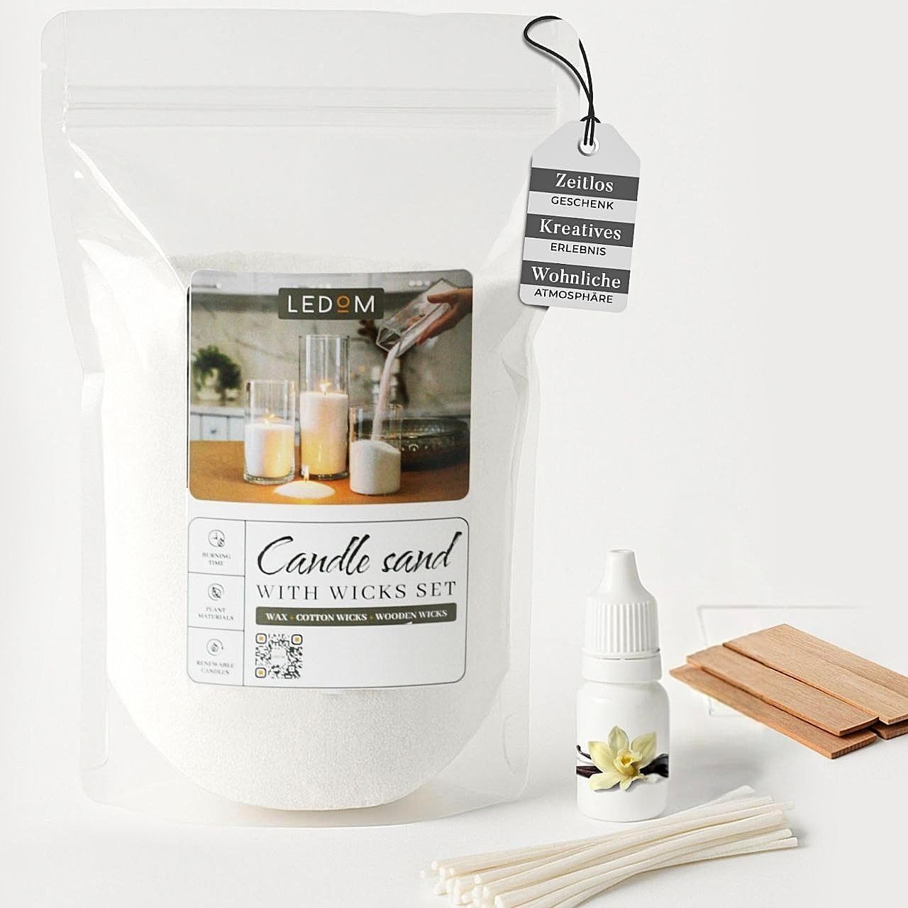 LEDOM Kerzensand Set - 1 kg Weiß & Geruchslos - Holzdochte & Duftöl Vanille - Dekorationsmaterialien