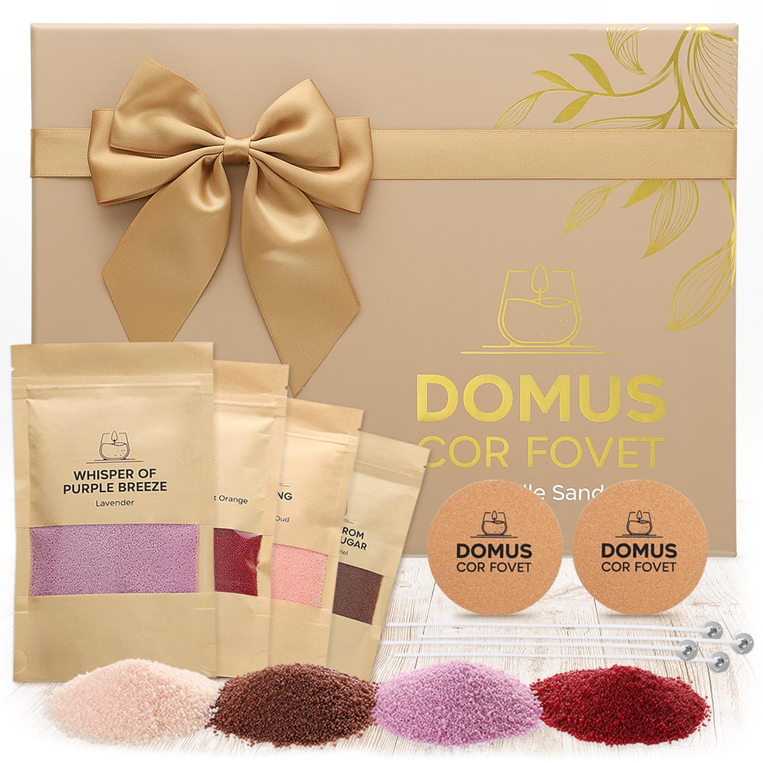  Kerzensand mit Duft und Docht | 4 Aromen pro 100g, 5 Dochte, 2 Kork-Unterlagen | Salted Caramel, Lavender, Pomegranate 